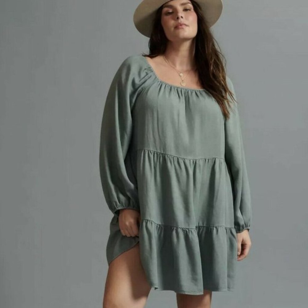 Anthropologie Amadi Verity Tiered Tunic Swing Dress in Moss Size MP Tencel NWT - Picture 4 of 7